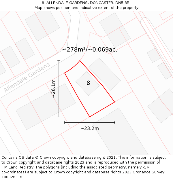 8, ALLENDALE GARDENS, DONCASTER, DN5 8BL: Plot and title map