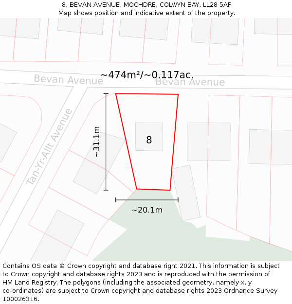 8, BEVAN AVENUE, MOCHDRE, COLWYN BAY, LL28 5AF: Plot and title map