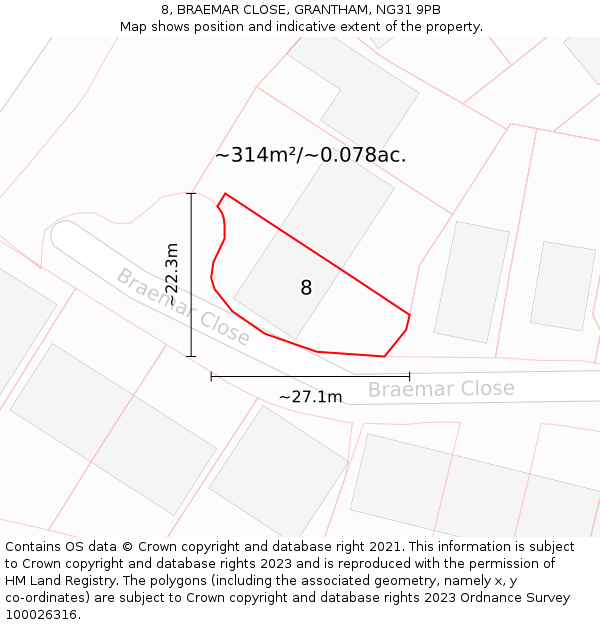 8, BRAEMAR CLOSE, GRANTHAM, NG31 9PB: Plot and title map