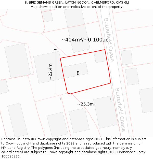 8, BRIDGEMANS GREEN, LATCHINGDON, CHELMSFORD, CM3 6LJ: Plot and title map