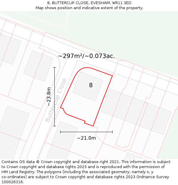 8, BUTTERCUP CLOSE, EVESHAM, WR11 3ED: Plot and title map