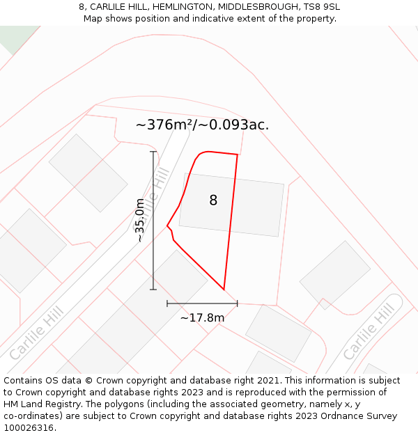 8, CARLILE HILL, HEMLINGTON, MIDDLESBROUGH, TS8 9SL: Plot and title map