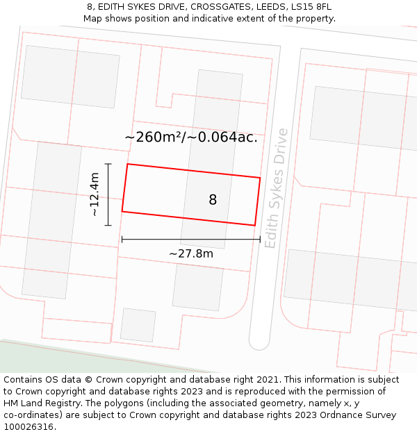 8, EDITH SYKES DRIVE, CROSSGATES, LEEDS, LS15 8FL: Plot and title map