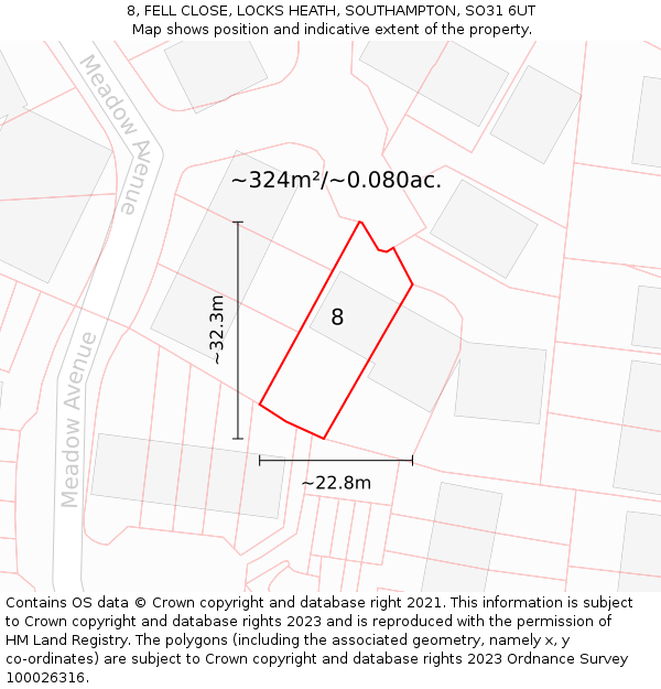 8, FELL CLOSE, LOCKS HEATH, SOUTHAMPTON, SO31 6UT: Plot and title map