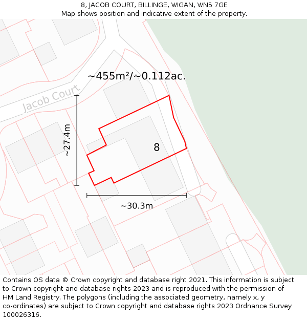 8, JACOB COURT, BILLINGE, WIGAN, WN5 7GE: Plot and title map