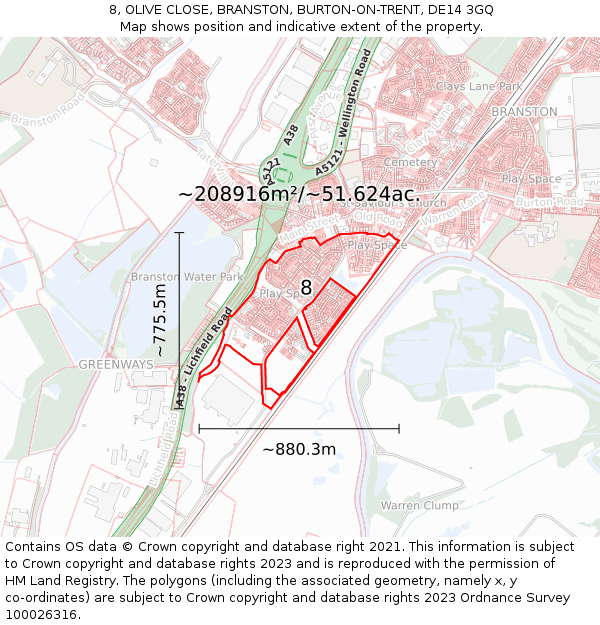 8, OLIVE CLOSE, BRANSTON, BURTON-ON-TRENT, DE14 3GQ: Plot and title map