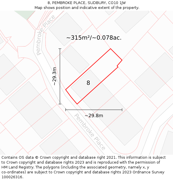 8, PEMBROKE PLACE, SUDBURY, CO10 1JW: Plot and title map