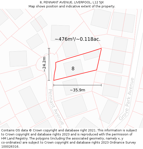 8, PENNANT AVENUE, LIVERPOOL, L12 5JX: Plot and title map