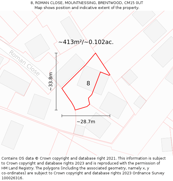 8, ROMAN CLOSE, MOUNTNESSING, BRENTWOOD, CM15 0UT: Plot and title map
