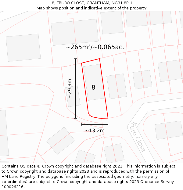 8, TRURO CLOSE, GRANTHAM, NG31 8PH: Plot and title map