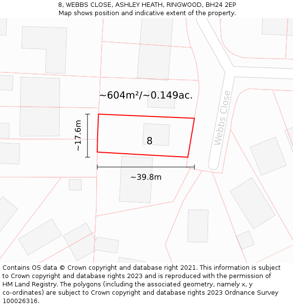 8, WEBBS CLOSE, ASHLEY HEATH, RINGWOOD, BH24 2EP: Plot and title map