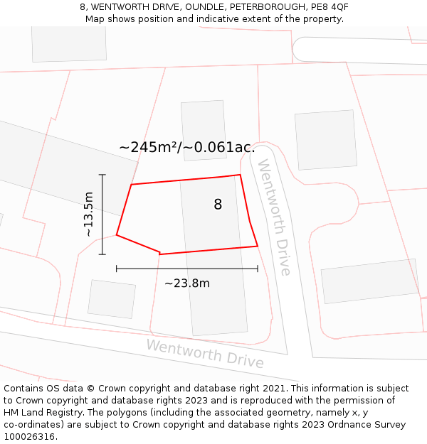 8, WENTWORTH DRIVE, OUNDLE, PETERBOROUGH, PE8 4QF: Plot and title map