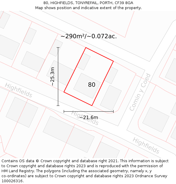 80, HIGHFIELDS, TONYREFAIL, PORTH, CF39 8GA: Plot and title map
