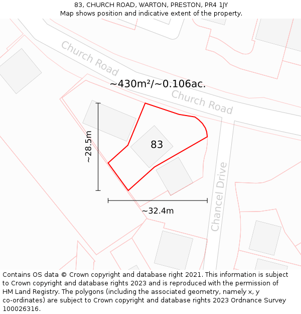 83, CHURCH ROAD, WARTON, PRESTON, PR4 1JY: Plot and title map