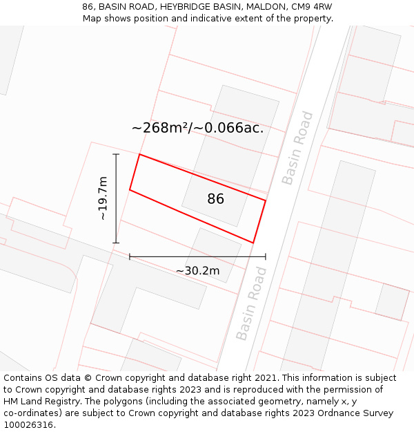 86, BASIN ROAD, HEYBRIDGE BASIN, MALDON, CM9 4RW: Plot and title map