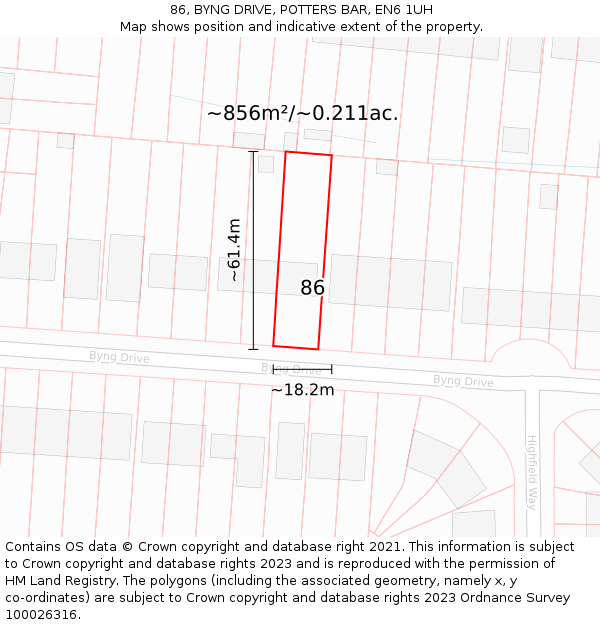 86, BYNG DRIVE, POTTERS BAR, EN6 1UH: Plot and title map
