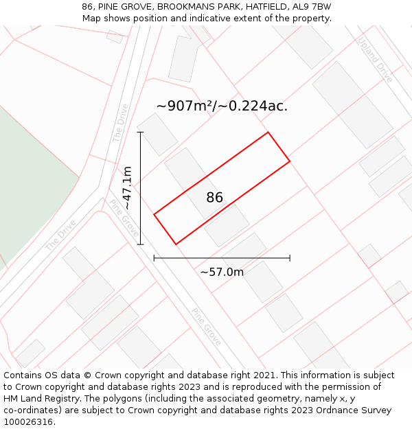 86, PINE GROVE, BROOKMANS PARK, HATFIELD, AL9 7BW: Plot and title map