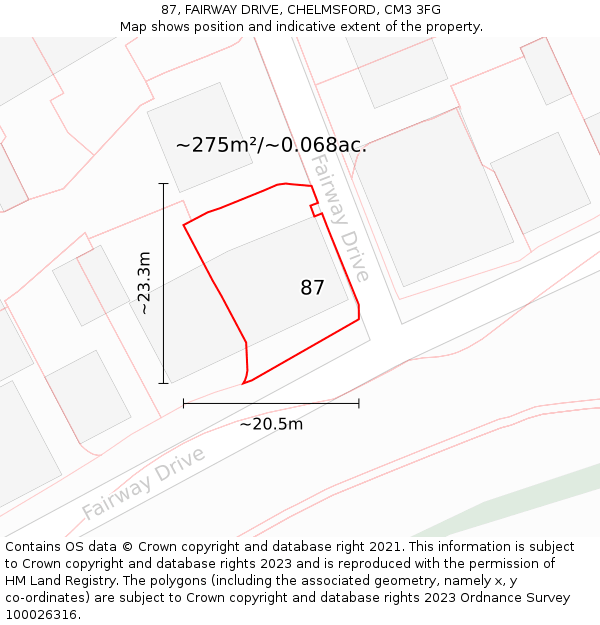 87, FAIRWAY DRIVE, CHELMSFORD, CM3 3FG: Plot and title map
