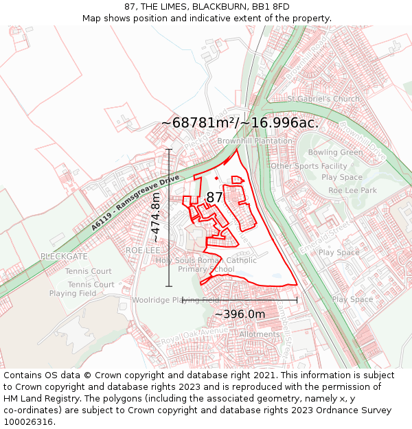 87, THE LIMES, BLACKBURN, BB1 8FD: Plot and title map