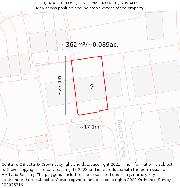 9, BAXTER CLOSE, HINGHAM, NORWICH, NR9 4HZ: Plot and title map