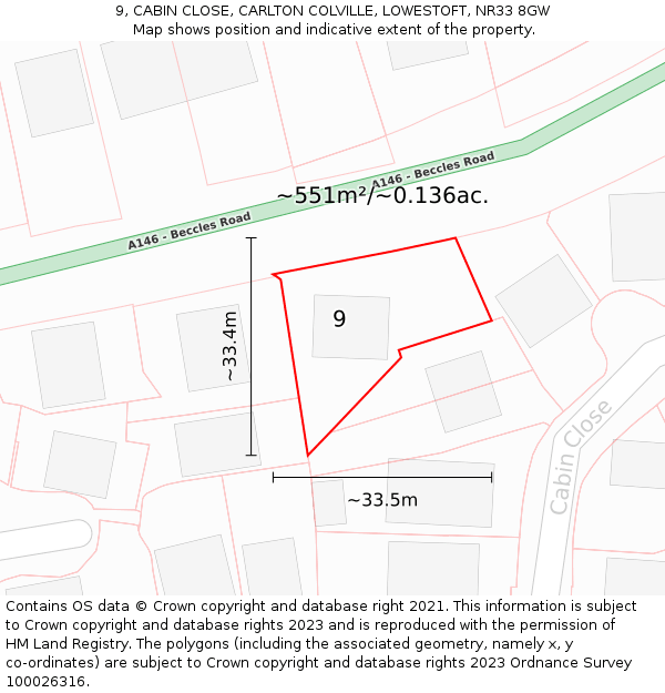 9, CABIN CLOSE, CARLTON COLVILLE, LOWESTOFT, NR33 8GW: Plot and title map