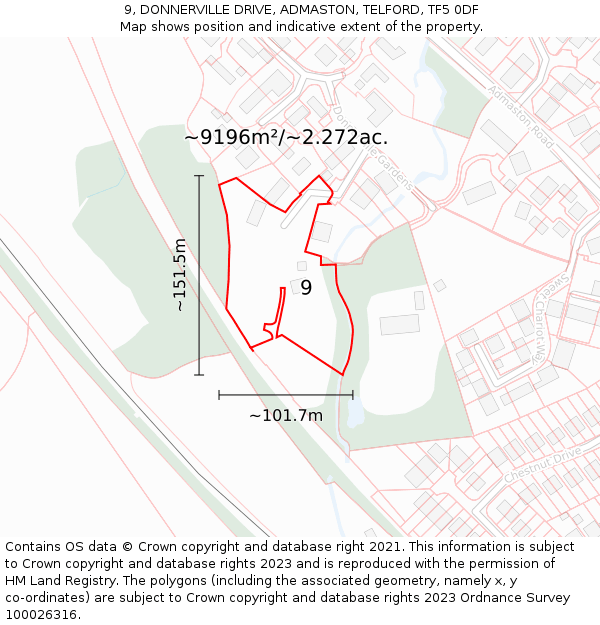 9, DONNERVILLE DRIVE, ADMASTON, TELFORD, TF5 0DF: Plot and title map
