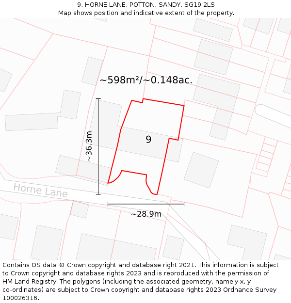 9, HORNE LANE, POTTON, SANDY, SG19 2LS: Plot and title map