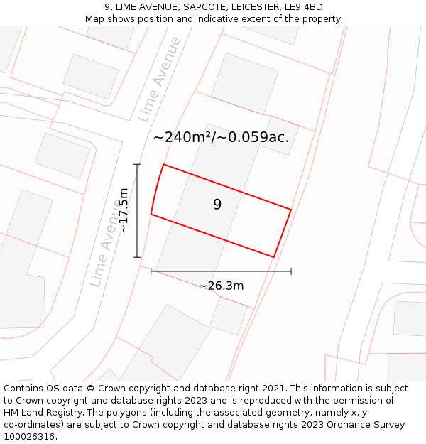 9, LIME AVENUE, SAPCOTE, LEICESTER, LE9 4BD: Plot and title map