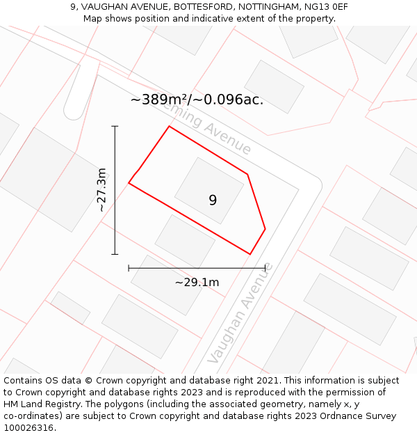 9, VAUGHAN AVENUE, BOTTESFORD, NOTTINGHAM, NG13 0EF: Plot and title map