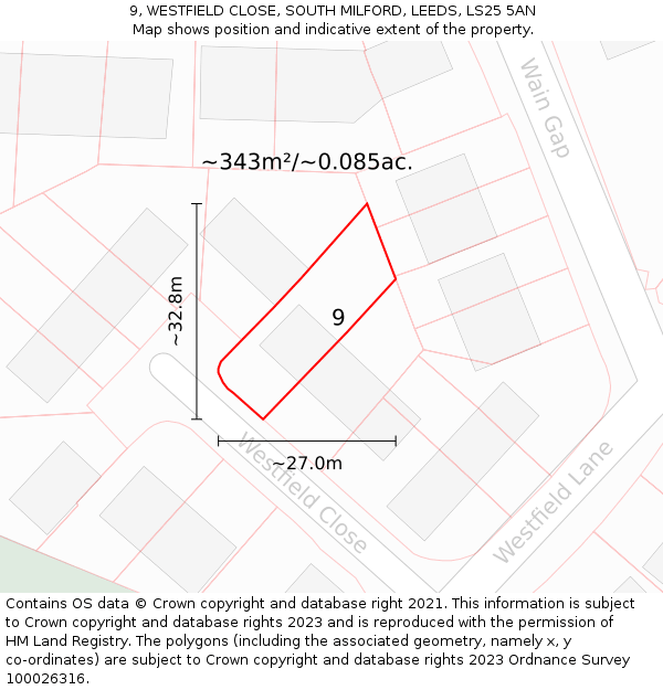 9, WESTFIELD CLOSE, SOUTH MILFORD, LEEDS, LS25 5AN: Plot and title map