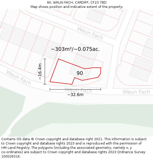 90, WAUN FACH, CARDIFF, CF23 7BD: Plot and title map