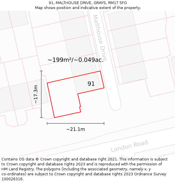 91, MALTHOUSE DRIVE, GRAYS, RM17 5FG: Plot and title map