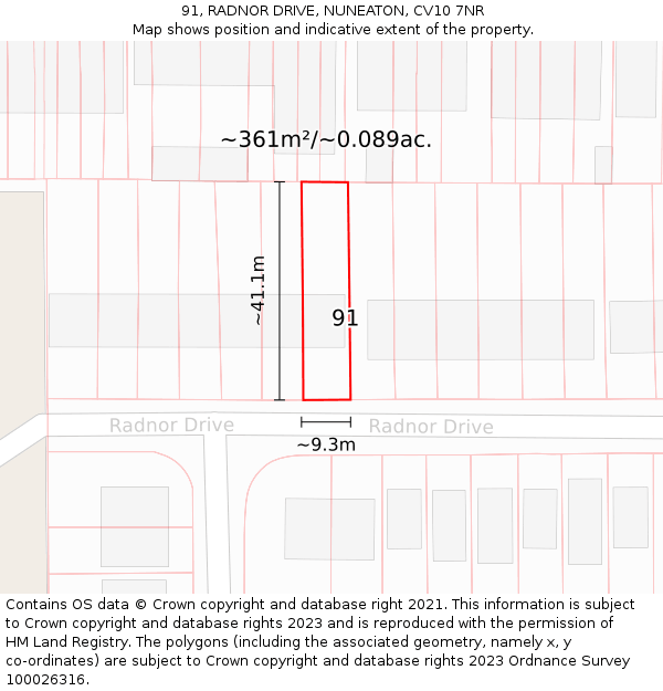 91, RADNOR DRIVE, NUNEATON, CV10 7NR: Plot and title map