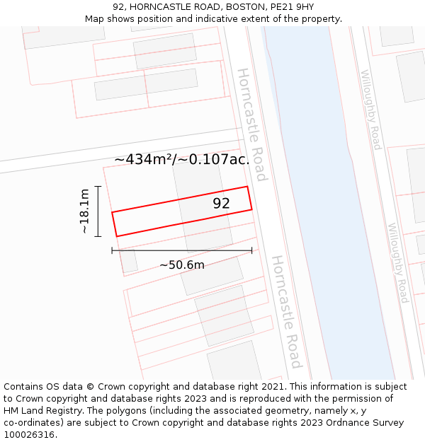 92, HORNCASTLE ROAD, BOSTON, PE21 9HY: Plot and title map