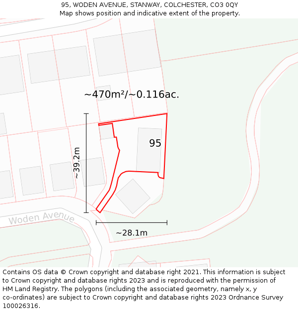 95, WODEN AVENUE, STANWAY, COLCHESTER, CO3 0QY: Plot and title map