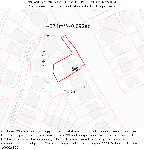 96, ASHINGTON DRIVE, ARNOLD, NOTTINGHAM, NG5 8UA: Plot and title map