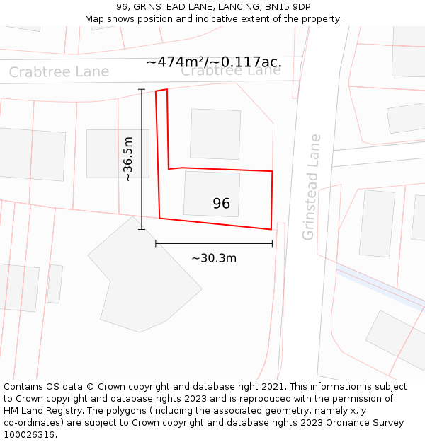 96, GRINSTEAD LANE, LANCING, BN15 9DP: Plot and title map