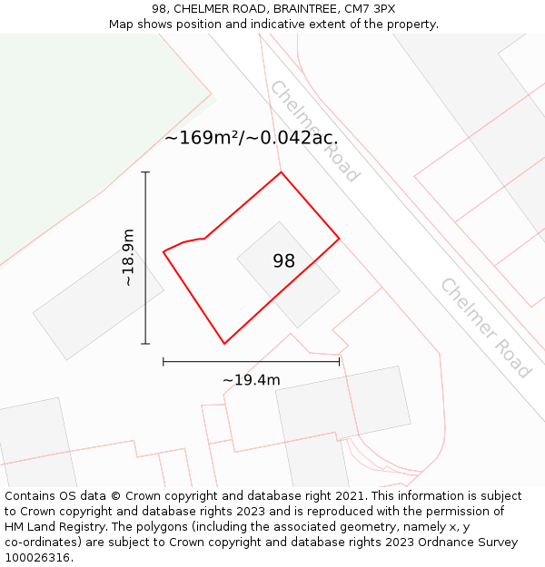 98, CHELMER ROAD, BRAINTREE, CM7 3PX: Plot and title map