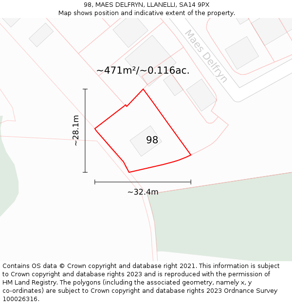 98, MAES DELFRYN, LLANELLI, SA14 9PX: Plot and title map