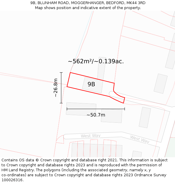 9B, BLUNHAM ROAD, MOGGERHANGER, BEDFORD, MK44 3RD: Plot and title map