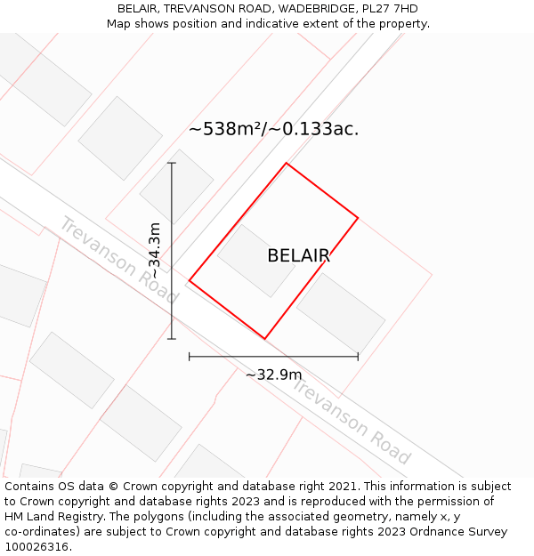 BELAIR, TREVANSON ROAD, WADEBRIDGE, PL27 7HD: Plot and title map