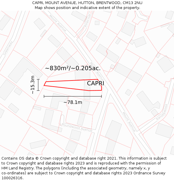 CAPRI, MOUNT AVENUE, HUTTON, BRENTWOOD, CM13 2NU: Plot and title map