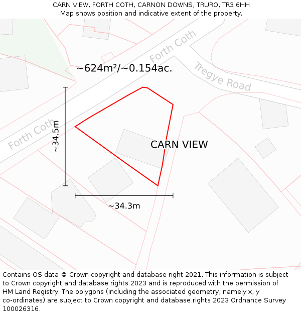 CARN VIEW, FORTH COTH, CARNON DOWNS, TRURO, TR3 6HH: Plot and title map