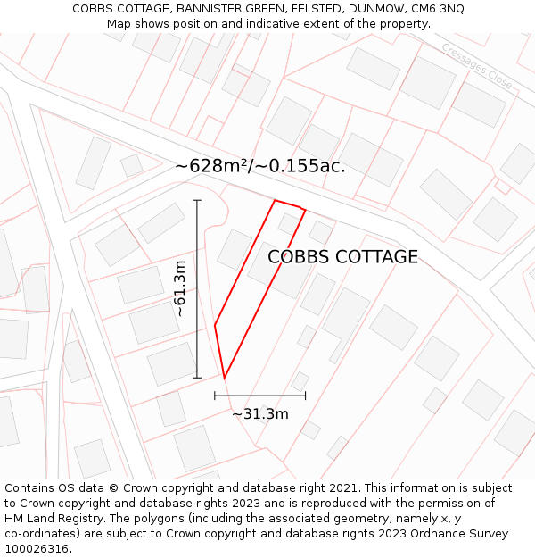 COBBS COTTAGE, BANNISTER GREEN, FELSTED, DUNMOW, CM6 3NQ: Plot and title map
