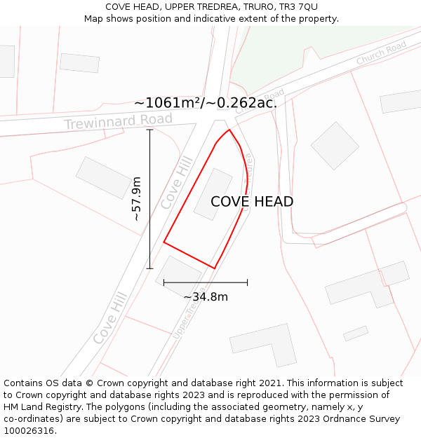 COVE HEAD, UPPER TREDREA, TRURO, TR3 7QU: Plot and title map