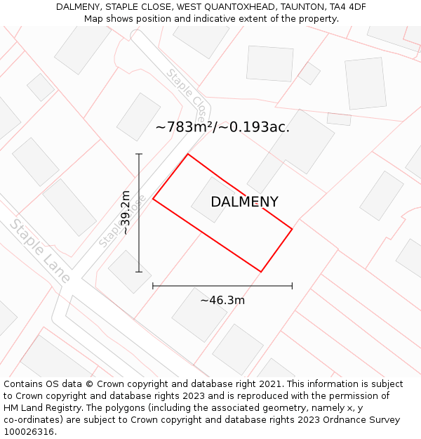 DALMENY, STAPLE CLOSE, WEST QUANTOXHEAD, TAUNTON, TA4 4DF: Plot and title map