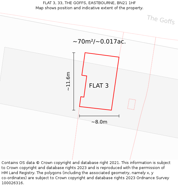 FLAT 3, 33, THE GOFFS, EASTBOURNE, BN21 1HF: Plot and title map