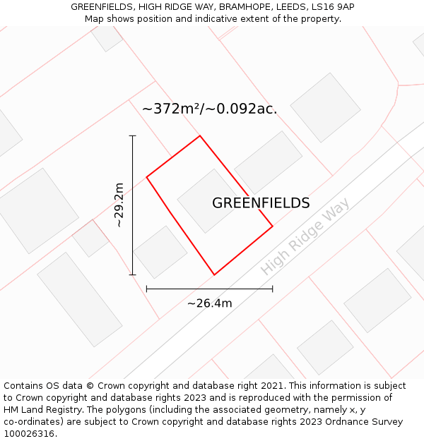 GREENFIELDS, HIGH RIDGE WAY, BRAMHOPE, LEEDS, LS16 9AP: Plot and title map