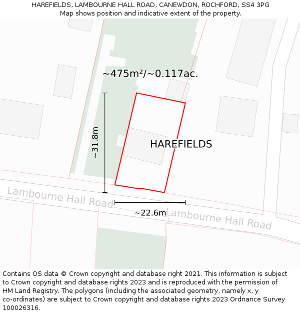 HAREFIELDS, LAMBOURNE HALL ROAD, CANEWDON, ROCHFORD, SS4 3PG: Plot and title map