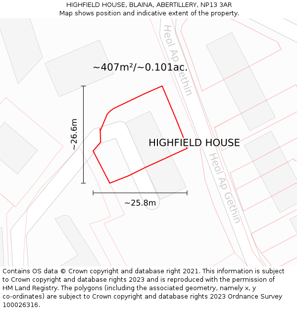HIGHFIELD HOUSE, BLAINA, ABERTILLERY, NP13 3AR: Plot and title map